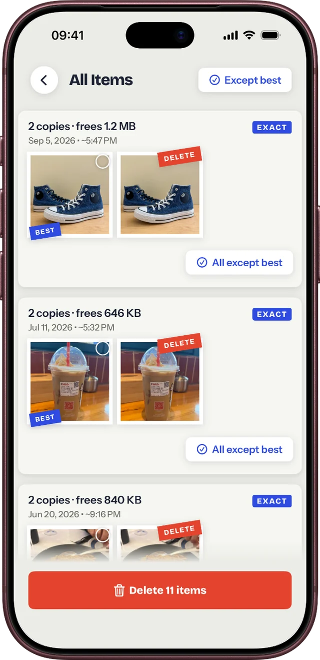Duplicates screen: groups of two copies with the best one marked and the rest tagged Delete