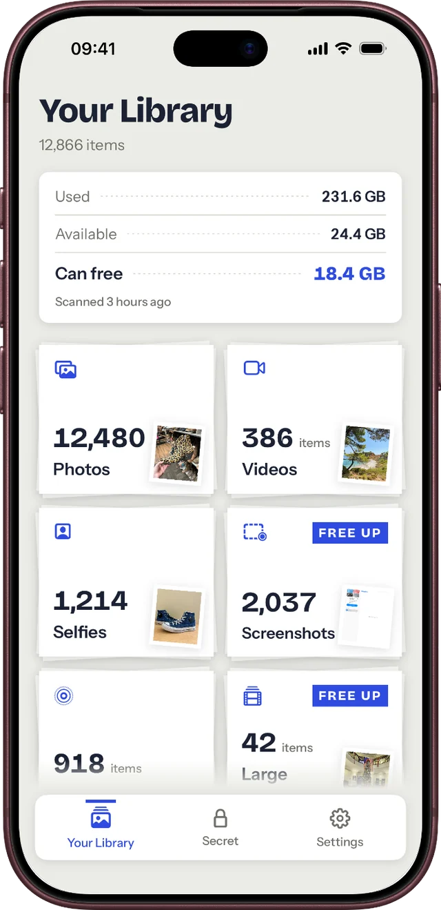 Your Library screen: used and available storage, 18.4 GB can be freed, piles for photos, videos, selfies and screenshots