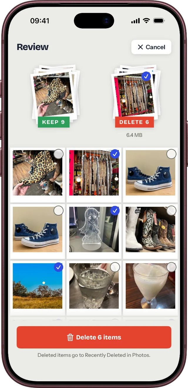 Review screen: nine kept and six to delete, with a grid of photos and a Delete 6 items button